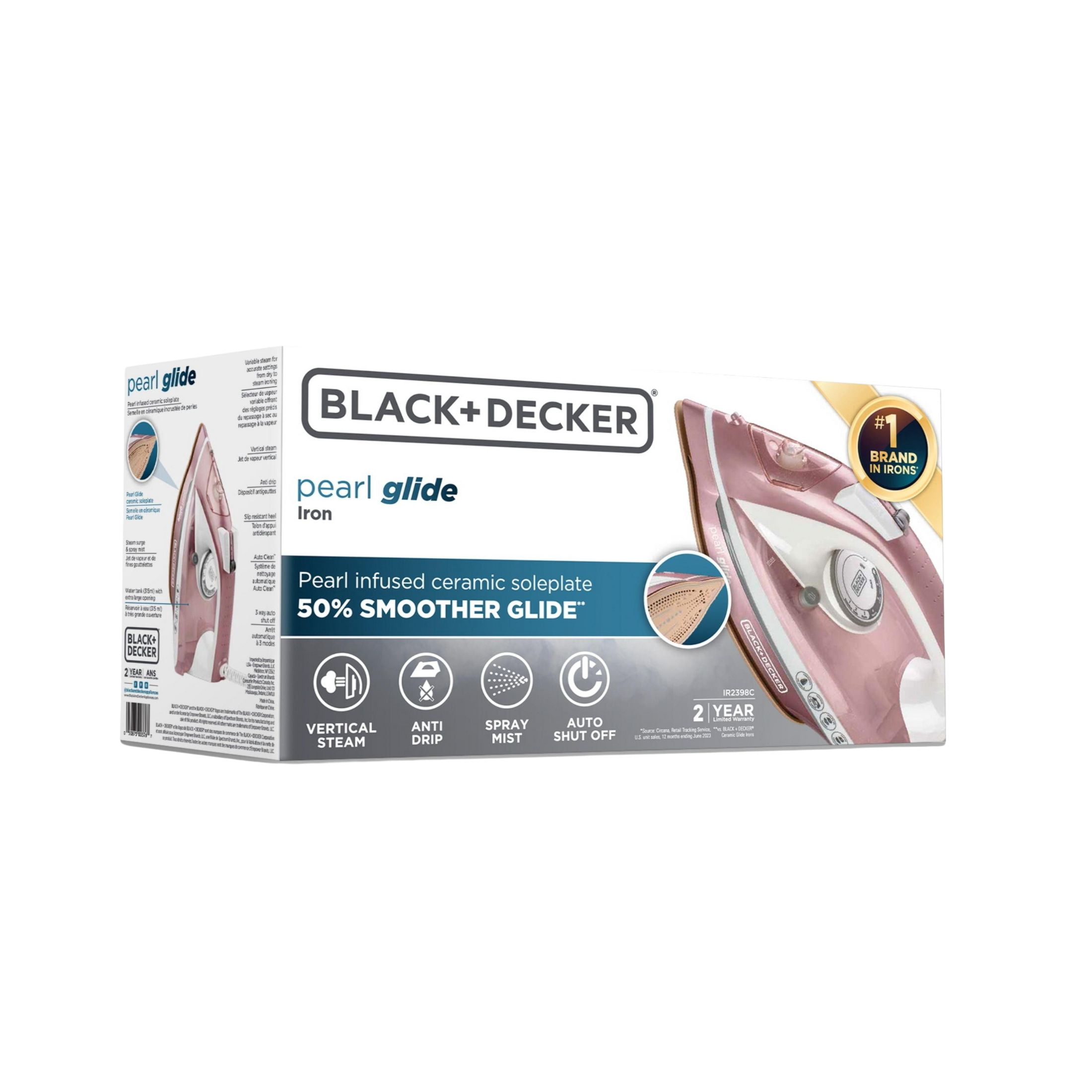 BLACK+DECKER Pearl Glide Steam Iron for Clothes, 1200W, Durable Pearl-Infused Ceramic Soleplate, Vertical Steaming, Anti-Drip, Auto Clean, Rose