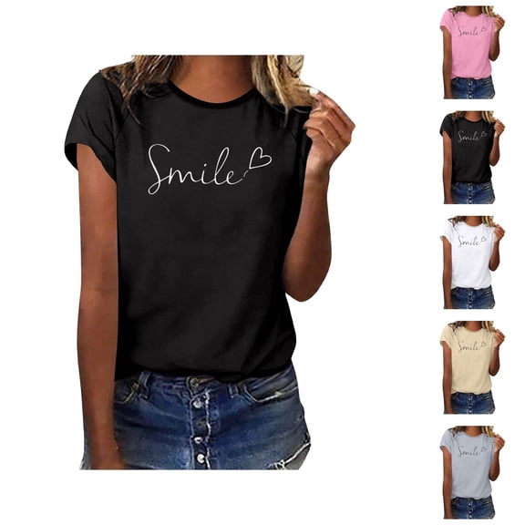 Smile Letter Graphic Tees for Women 2026 Summer Casual Short Sleeve Crewneck Mental Health Shirt Inspirational T Shirts