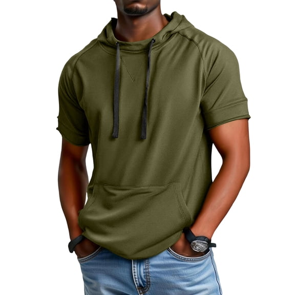 Yifymode Men's Short Sleeve Hooded Casual Hoodie, Drawstring Hood with Kangaroo Pocket Daily Wear Top Army Green L