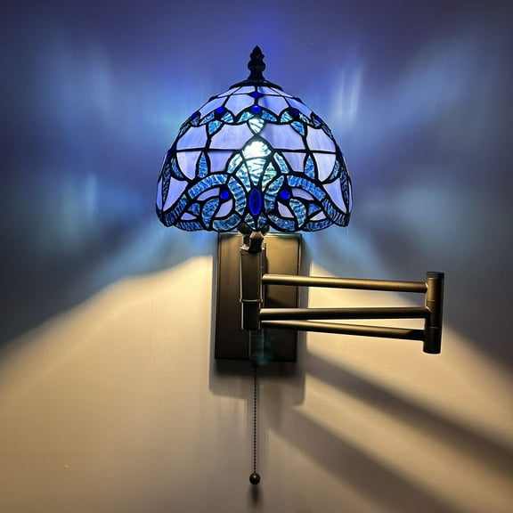 Tiffany Style Sconce Lamp Swing Arm Blue Stained Glass Baroque Style LED Bulb Included 13”W*8”D*15”H