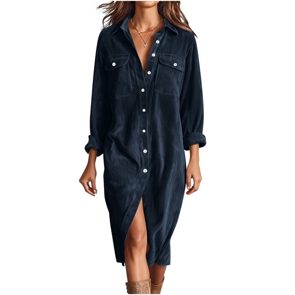 Fall and Winter Dress for Women Loose Long Sleeve Button Front Corduroy Shirt Dresses Casual Midi Dress Navy 2XL