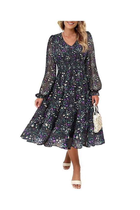 Plus Size Dresses 3X Casual Navy Blue Floral Fall Sundresses for Women Fashion Midi Elastic Waist Dresses Long Sleeve Elegant V Neck Loose Fit Winter Dress With Pocket 3XL 22W 24W