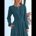 thumbnail image 4 of Vestido de Otoño Informal para Mujer, de Larga, Cuello en V, Cintura Elástica, Ligero, para Invitadas de Boda, con Bolsillos Verde Pavo Real S, 4 of 10