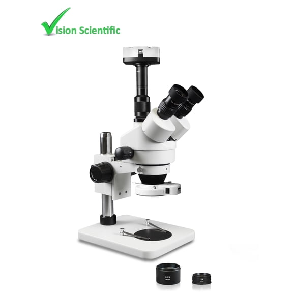 VIsion Scientific VS-1FZ-IFR07-10N Trinocular Zoom Stereo Microscope, 10x WF Eyepiece, 0.7x4.5x Zoom , 3.5x90x Magnification, Pillar Stand, 144-LED Ring Light, 10.0MP Digital Eyepiece Camera