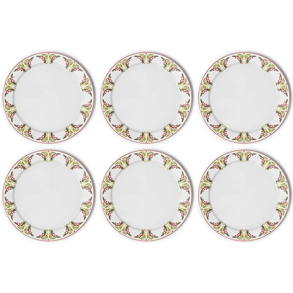 American Atelier Bargello 10-inch Holiday Plates (Set of 6) - Mistletoe & Holly Berry Ceramic Plates, Holiday Themed Dinnerware - Dishwasher & Microwave Safe Decorative Holiday Plates