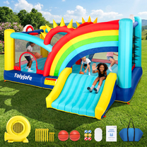 Toiyjofe Large Rainbow-Themed Inflatable Bounce House with Slide, Basketball Hoop & Obstacle Games – Kids 3-12 Years Indoor & Outdoor Play