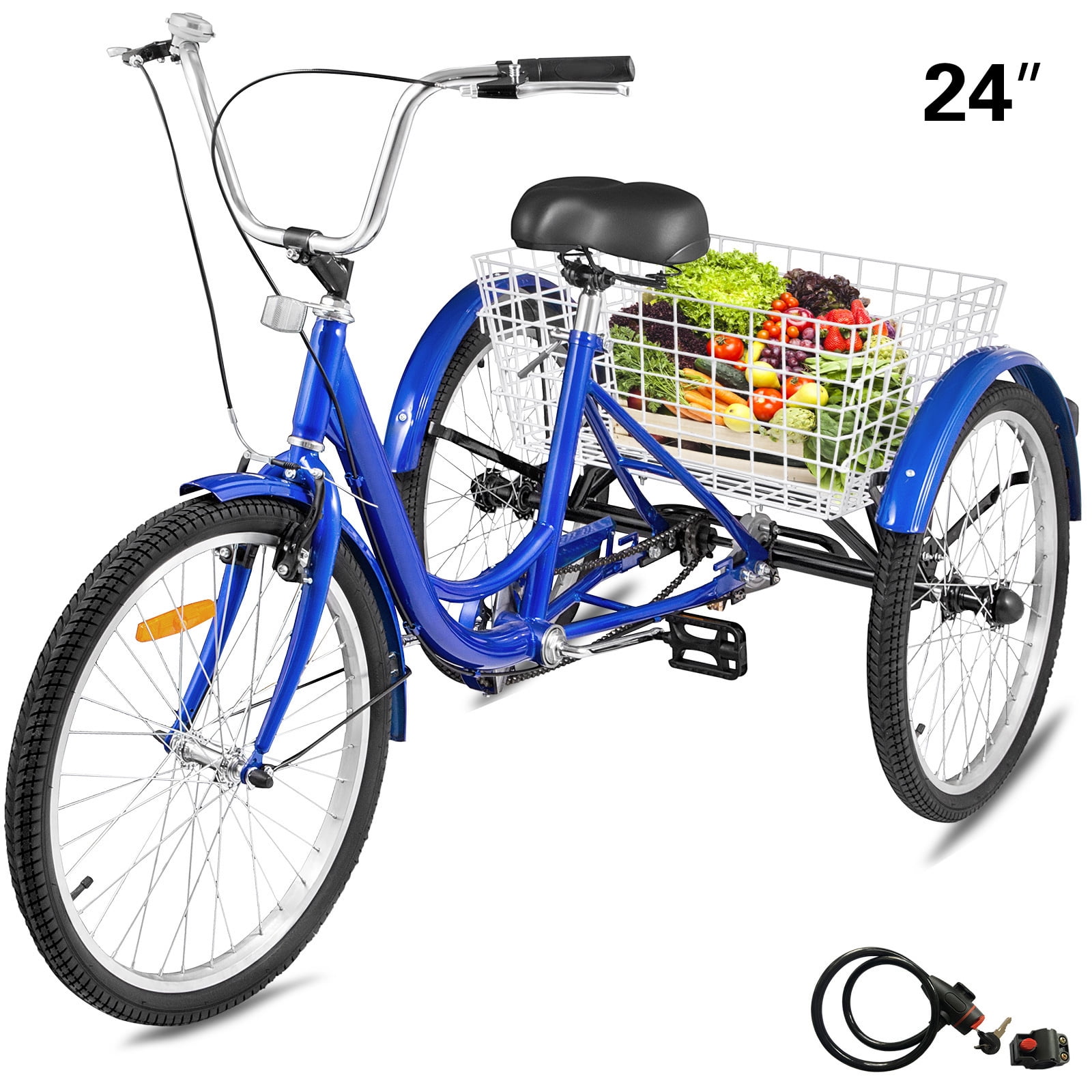 24" Adult Tricycle 3-Wheel Trike Cruiser Bicycle w/Basket for Shopping 