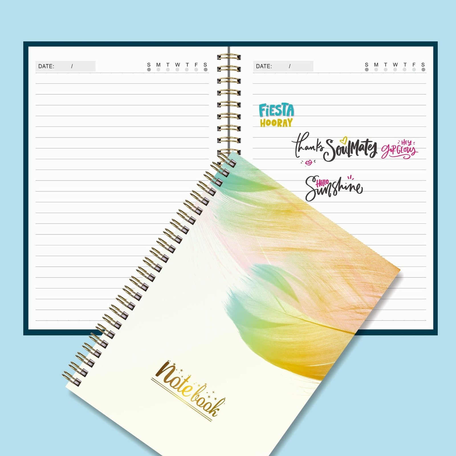 VKLU A5 Spiral Notebook - Elegant Feather Pattern Lined Journal, Portable Wirebound Notepad with English Coil Binding for Office Meeting Notes and Daily Writing, A