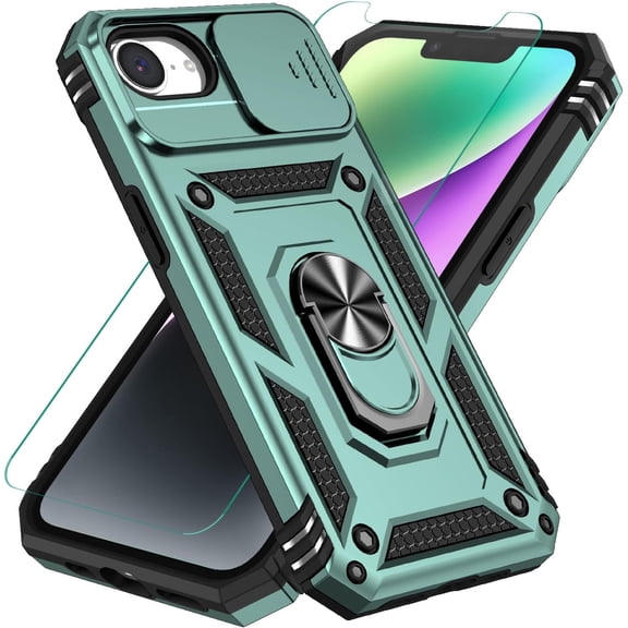 REQO for iPhone 16e Case with Tempered Glass Screen Protector [Slide Camera Cover Design] [Built-in Ring Holder Finger Kickstand] Full Body Rugged Heavy Duty Protective Phone Case Cover