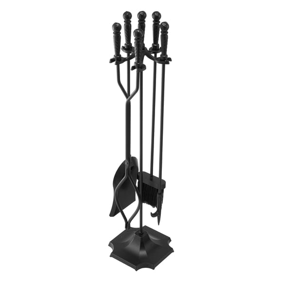VEVOR Fireplace Tool Set, 5 PCS Fire Tool Set and Holder with Five-Prong Stand, Tongs, Ash Shovel, Brush, Fire Place Poker, Wrought Iron Fireplace Accessories for Campfire Indoor/Outdoor, Black