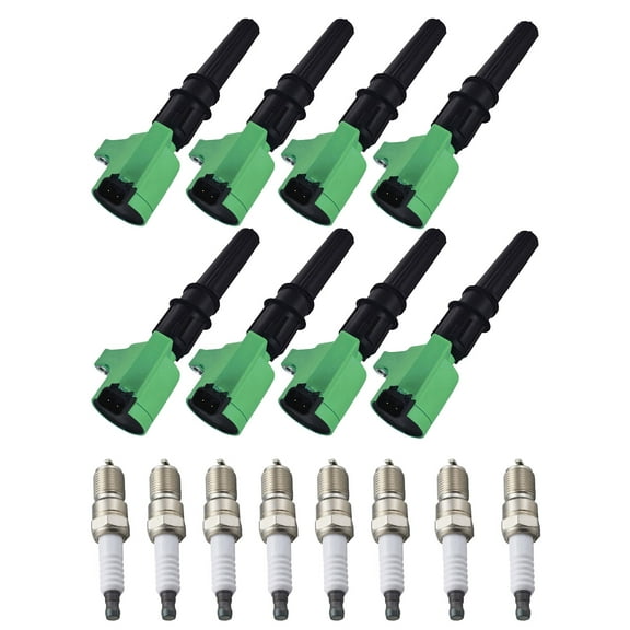 Set of 8 ISA Brand Green Color Ignition Coils and ISA Brand Spark Plugs Compatible with 2009 2010 2011 Ford Crown Victoria 4.6L V8 Replacement for DG508