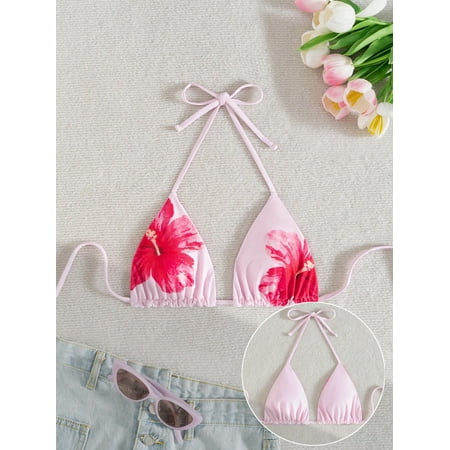 Swim Mod Reversible Printed Cute & Fashionable Spaghetti Strap Halter Neck Backless Bikini Top Summer