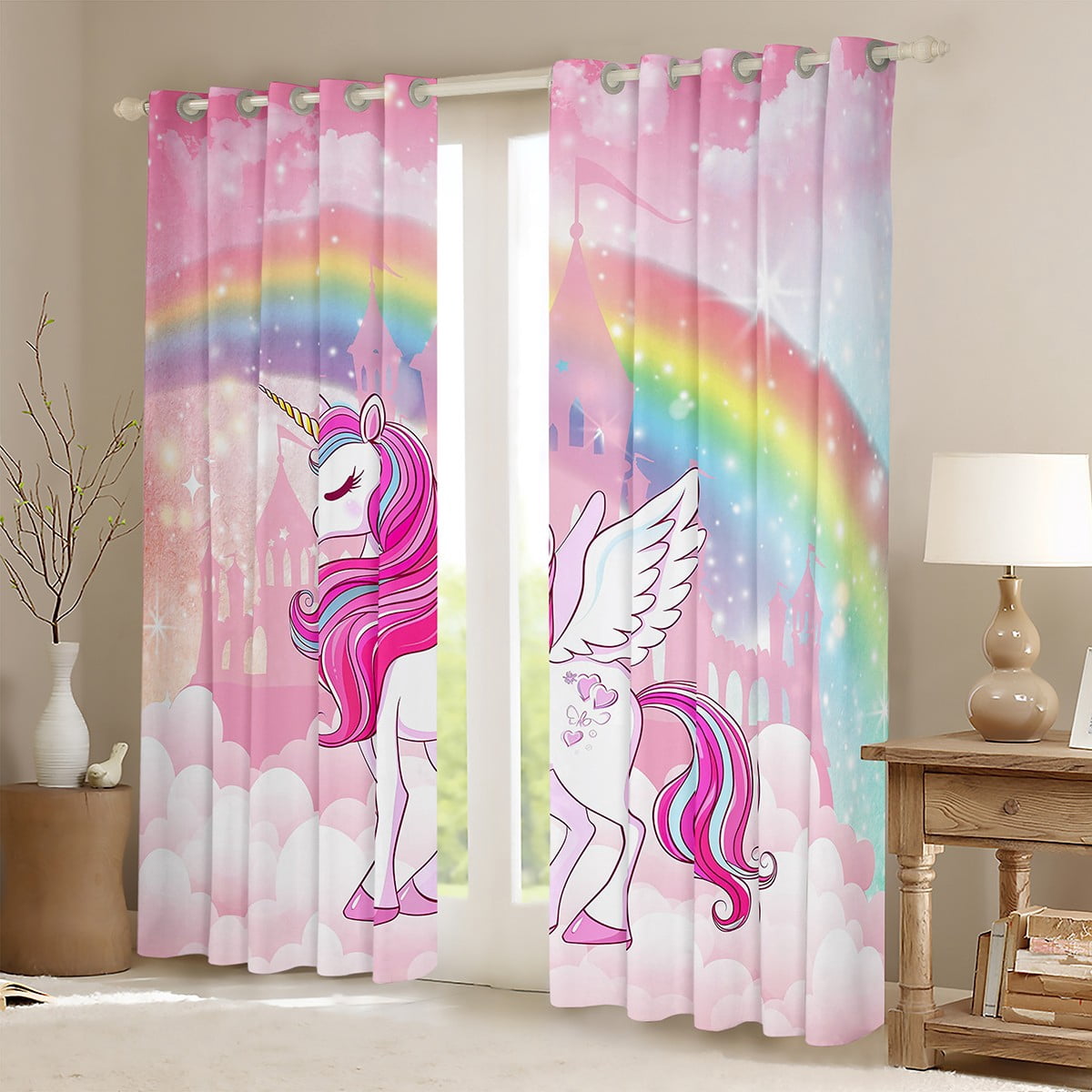 Erosebridal Cute Unicorn Curtains Pack of 2(42x63),Fairy Castle Silhouette Black Out Curtains,Rainbow Galaxy Starry Curtains for Living Room For Girls,Ultra Soft Bedroom Decorative
