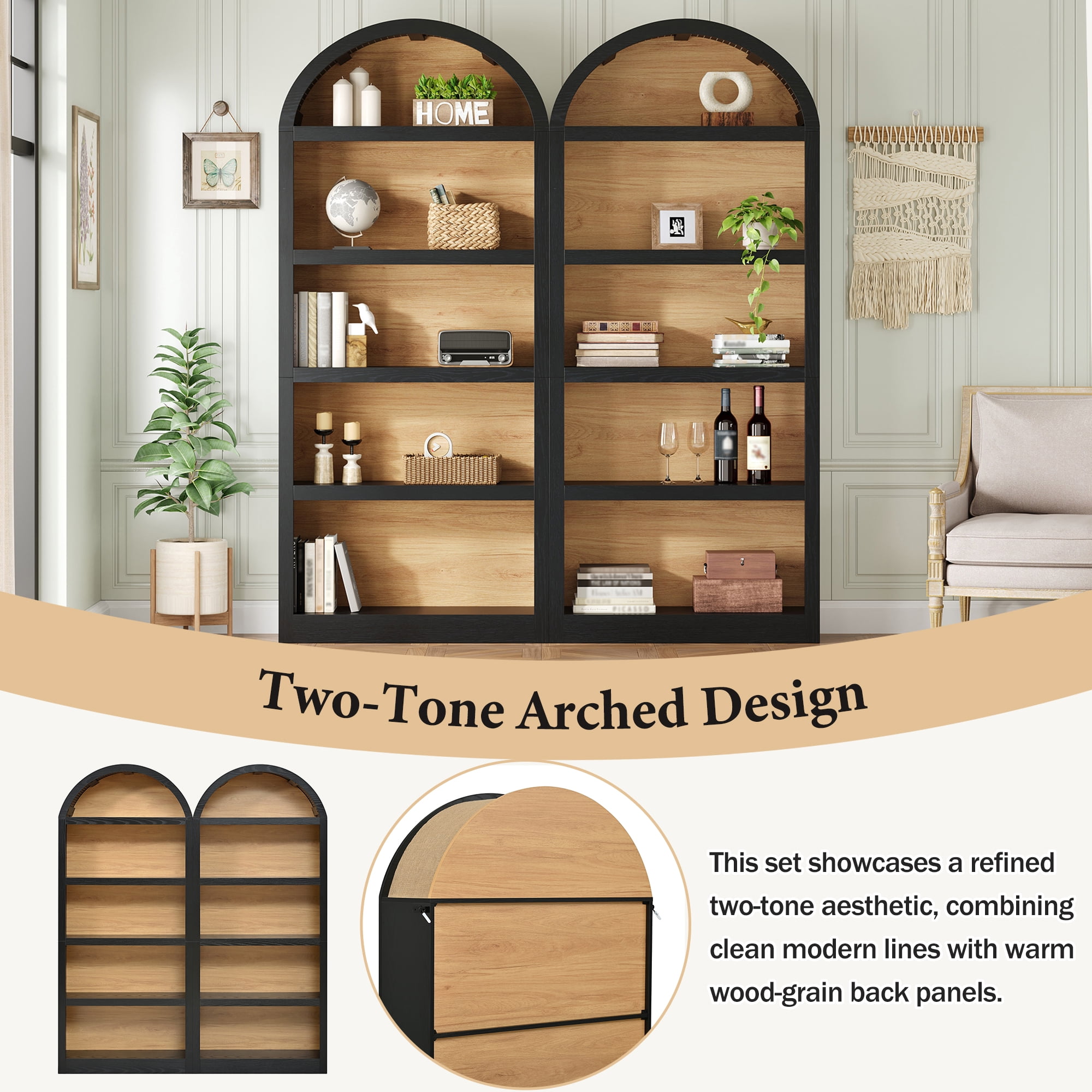 Miniyam Set of 2 Farmhouse Freestanding Bookshelves, Two-Tone Open Storage Cabinet with Fabric Arched Top, 5-Tier Display Bookcase for Home Office, Black