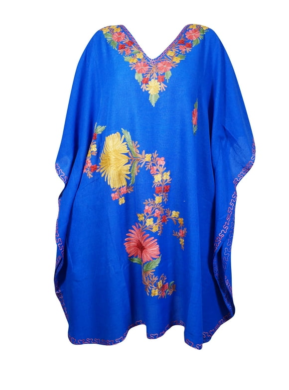 Mogul Women Embroidery Mid Length Caftan Dress V-Neck Kimono Sleeves Resort Wear Cover Up Royal Blue Tunic Kaftan Dresses One Size