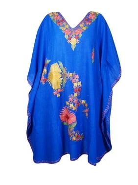 Mogul Women Embroidery Mid Length Caftan Dress V-Neck Kimono Sleeves Resort Wear Cover Up Royal Blue Tunic Kaftan Dresses One Size