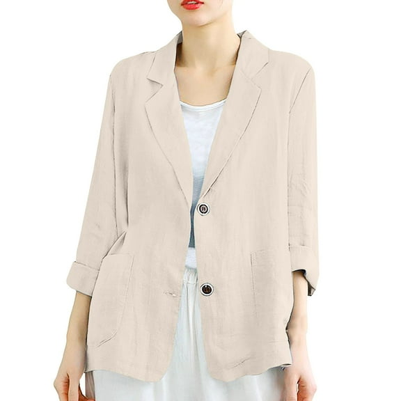 Baberdicy Women's Linen Blazer Jacket Lightweight Linen Suit Jacket for Women - Casual Long Sleeve Open Front Blazer - Spring Summer Office Coat (S-XXL) (Beige | L)