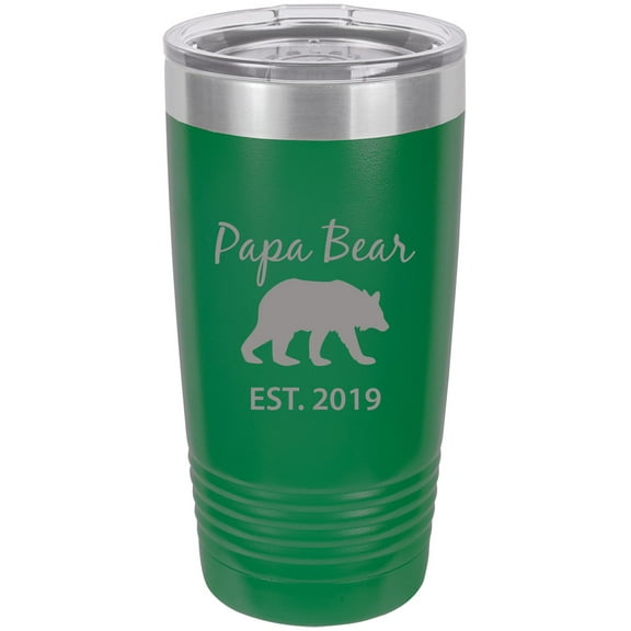 Papa Bear Established Est. 2019  Stainless Steel Engraved Insulated Tumbler 20 Oz Travel Coffee Mug, Green