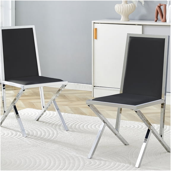 COSMOS 2-Pack Modern Dining Chairs, Black PU Leather Seat with Silver Metal Frame, Ergonomic Side Chairs for Kitchen, Dining Room, Living Room