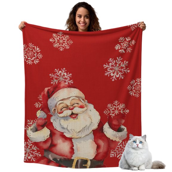 Throw Blanket for Couch, Christmas Santa Claus on Red Soft Cozy Warm Flannel Blanket 30x40in, Winter Snowflakes Seamless Lightweight Fleece Throw Blankets for Sofa Bedroom Office All Season Use