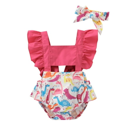 

Calsunbaby Baby Girl Clothes Set Cute Dinosaur Printed Pattern Sleeveless Square Neck Romper+Bowknot Headdress