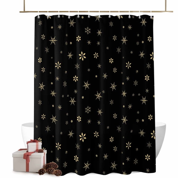 Shower Curtain 66"W x 72"L Winter Christmas Gold Snowflakes Black Fabric Shower Curtains Set with Hooks Water Repellent Bathroom Curtains Machine Washable Bathroom Accessories