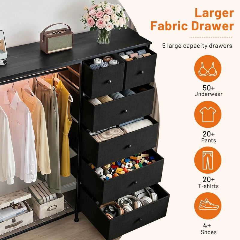 Simenmax 6-Drawer Storage Closet with LED Lights & Charging Station, 49.2" Wide Wooden Wardrobe Rack with Fabric Bins,Portable Clothing Organizer for Bedroom, Entryway, Black