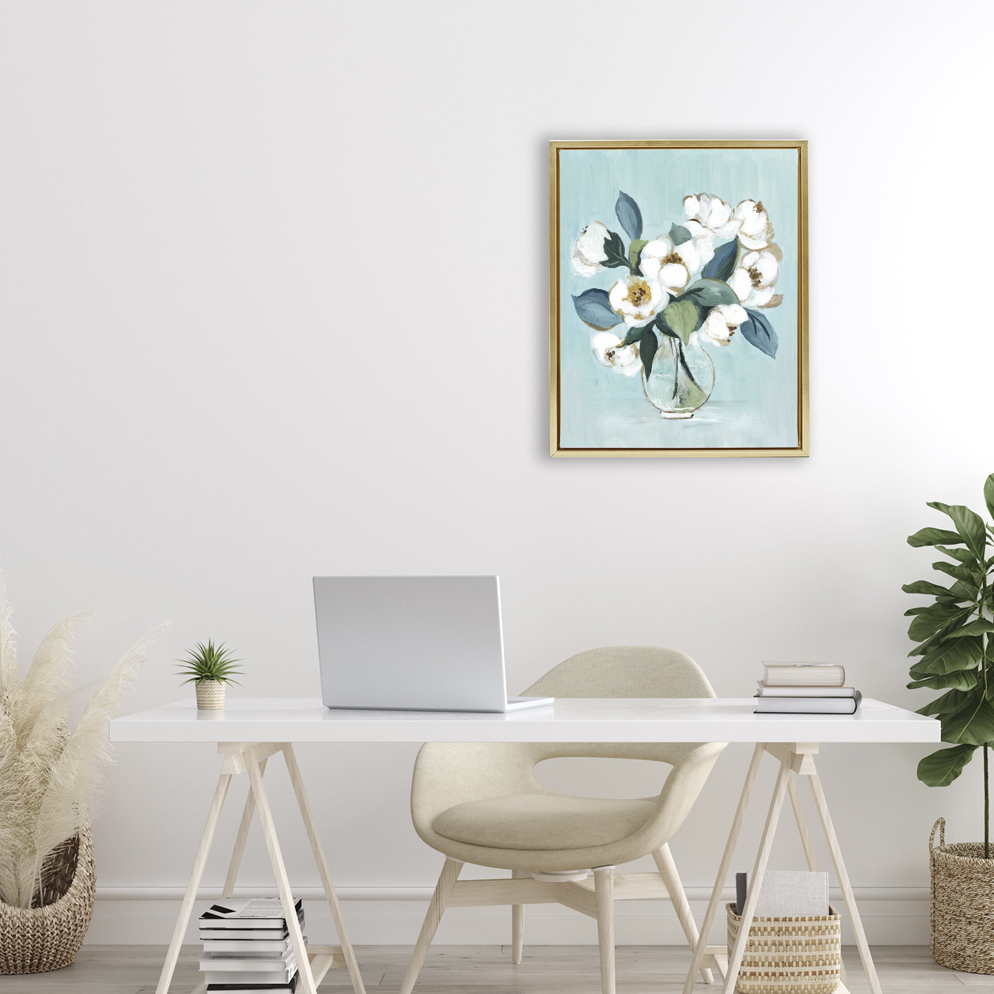 Stupell Industries Magnolia Arrangement over Blue Gold Framed Floater Canvas Wall Art, design by Janet Tava