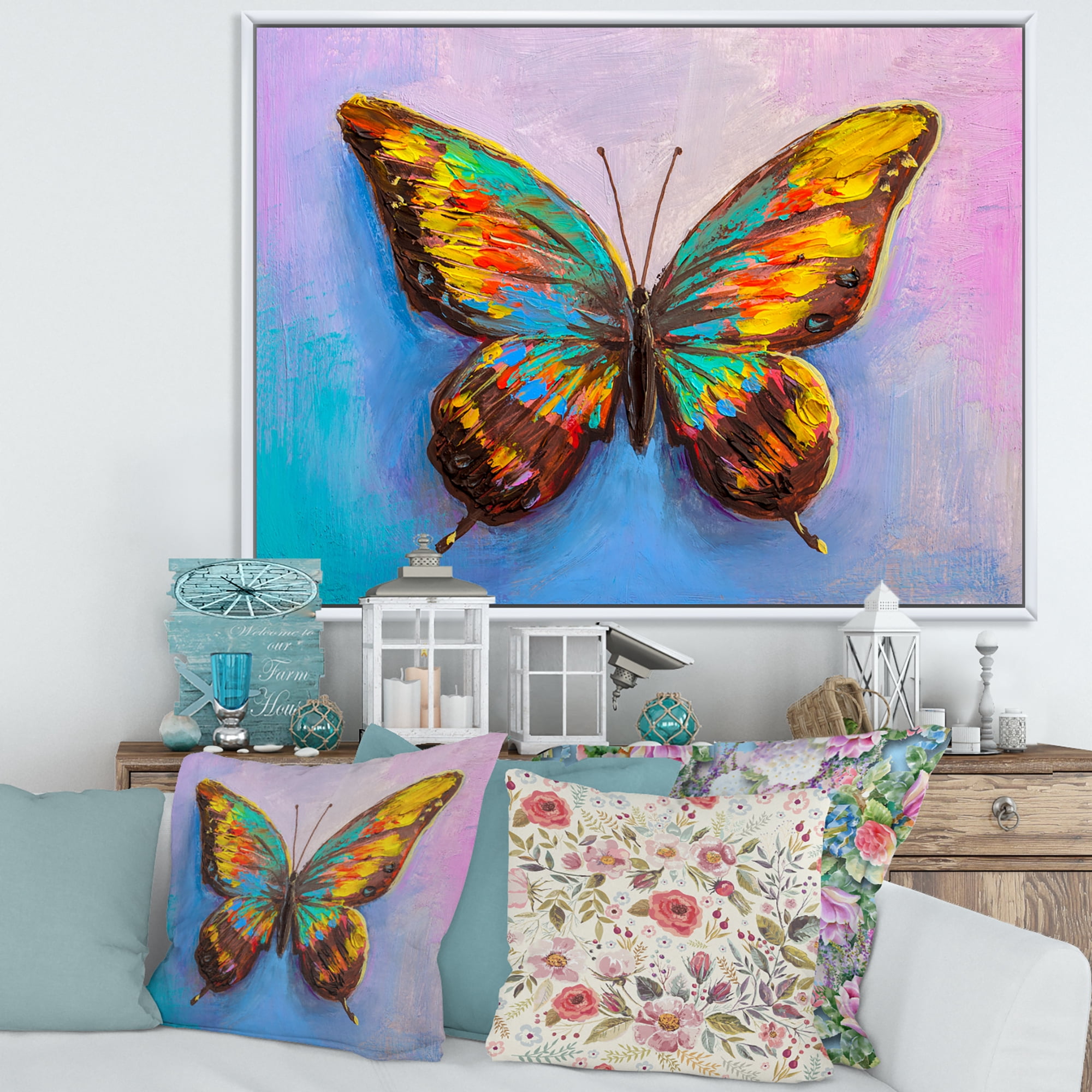 Designart 'Beautiful Butterfly In Orange and Turquoise' Modern Framed Canvas Wall Art Print