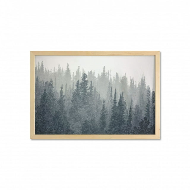 Dark Forest Wall Art with Frame, Gloomy Foggy Scene of Tall Pine Trees in National Park Colorado USA, Printed Fabric Poster for Bathroom Living Room, 35" x 23", Dark Slate Blue Dust, by Ambesonne