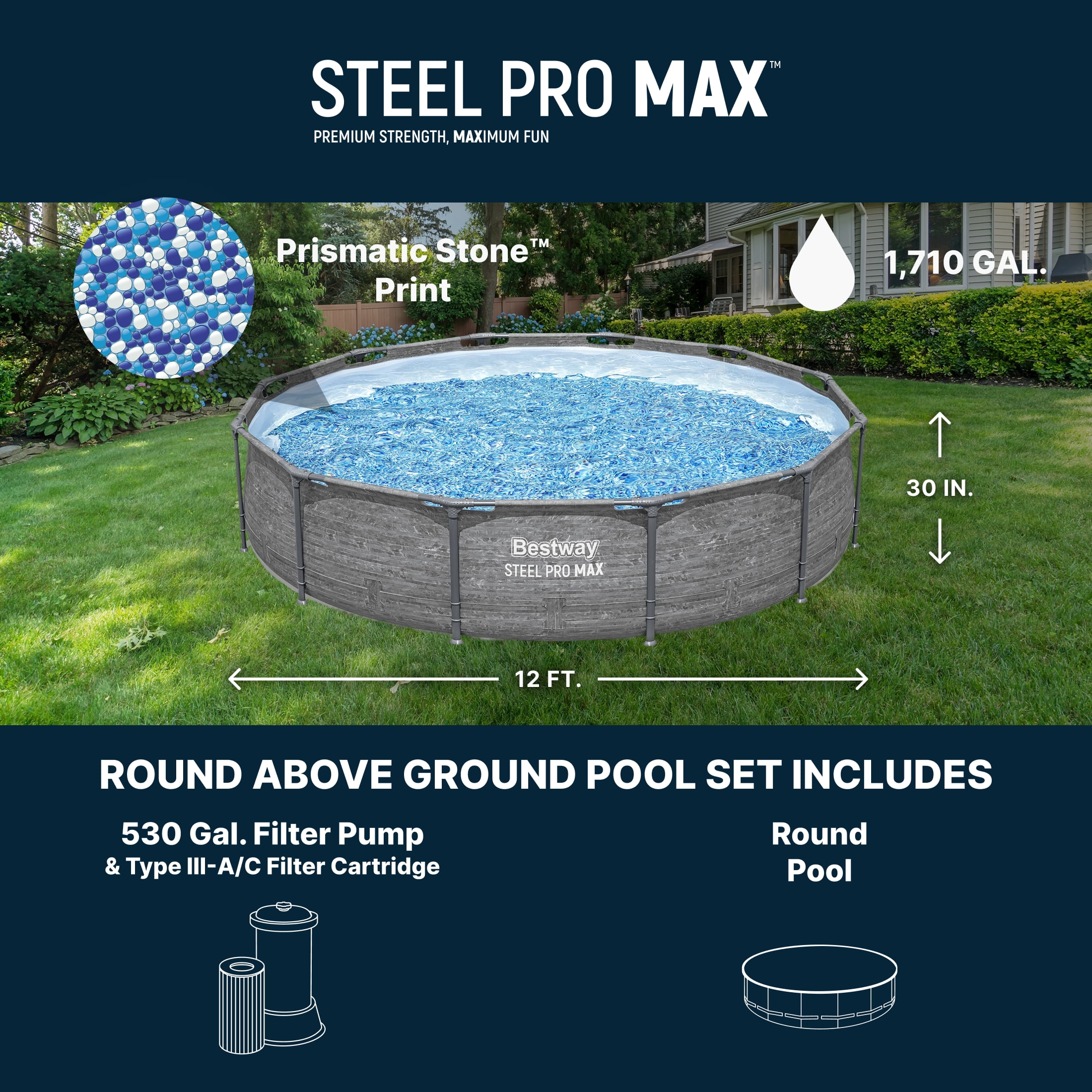 Bestway Steel Pro MAX 12' x 30" Metal Frame Above Ground Pool Set w/ Filter Pump
