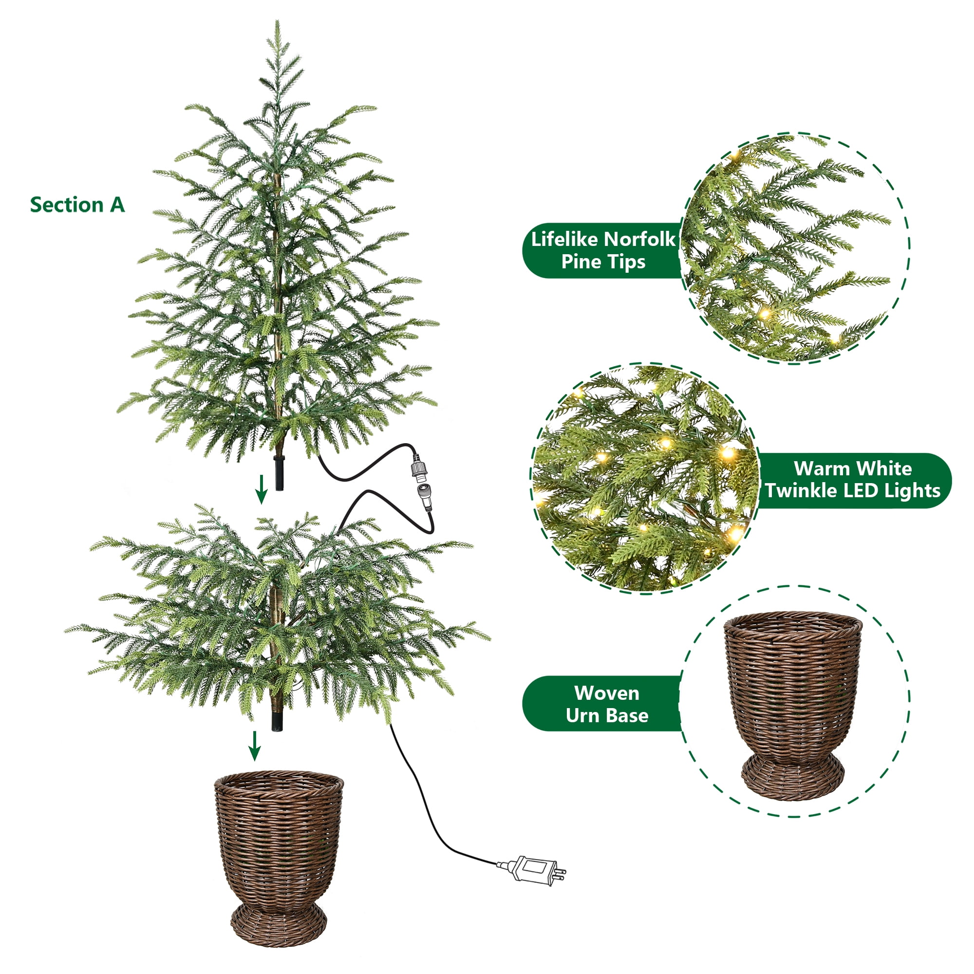 My Texas House 4ft Green Pre-lit Norfolk Pine Potted Christmas Tree, 100 Twinkle LED