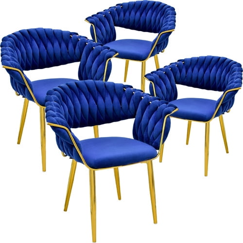 Set de 4 Sillas Comedor Tapizadas Terciopelo Tejidas Elegantes Azul Houzer