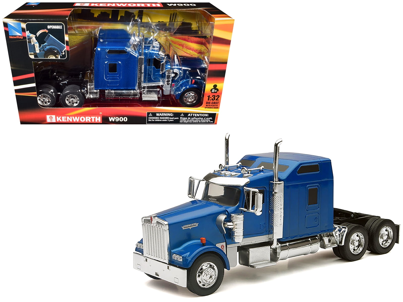 Kenworth W900 Truck with Flatbed Trailer Blue with Forklift and