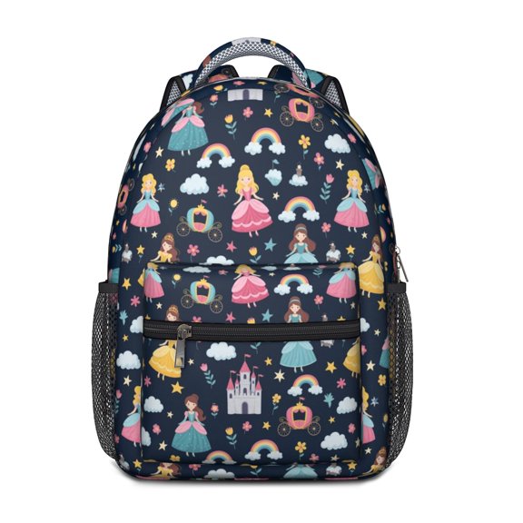 Princess and Castle Blue Pattern Backpack for School, Cute School Bag with Adjustable Shoulder Straps and Padded Back, 15.3"x11"x6.7"