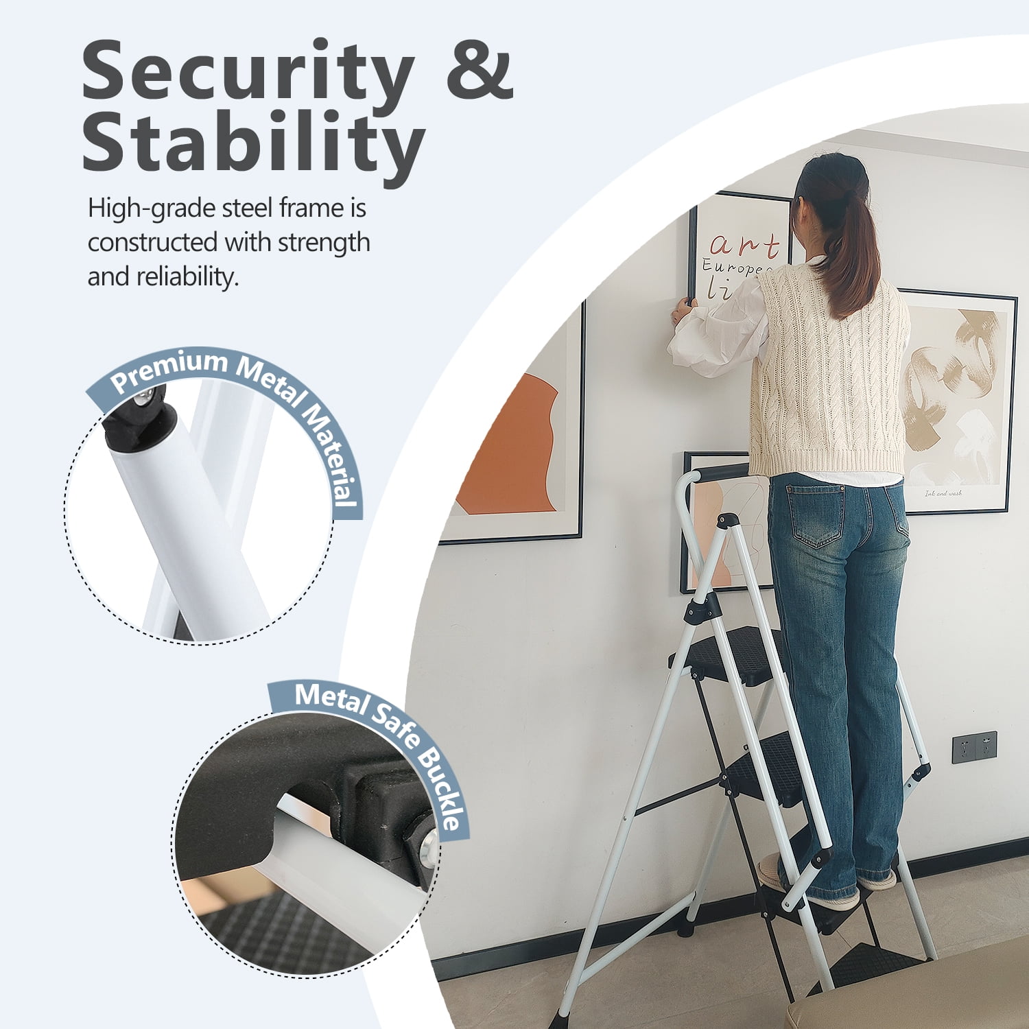 5-Step Folding Ladder Stool, 330 LBS Capacity Lightweight Steel Ladder with Wide Non-Slip Pedals & Sponge Safety Handle, Foldable Portable Step Ladder for Home Kitchen Office