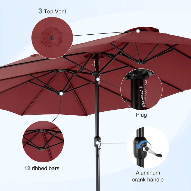 JIOABL 15ft Large Patio Umbrella with Base Included, Rectangle Table Umbrella Outdoor Patio, Outside Umbrellas for Deck, Market, Backyard, Wine Red
