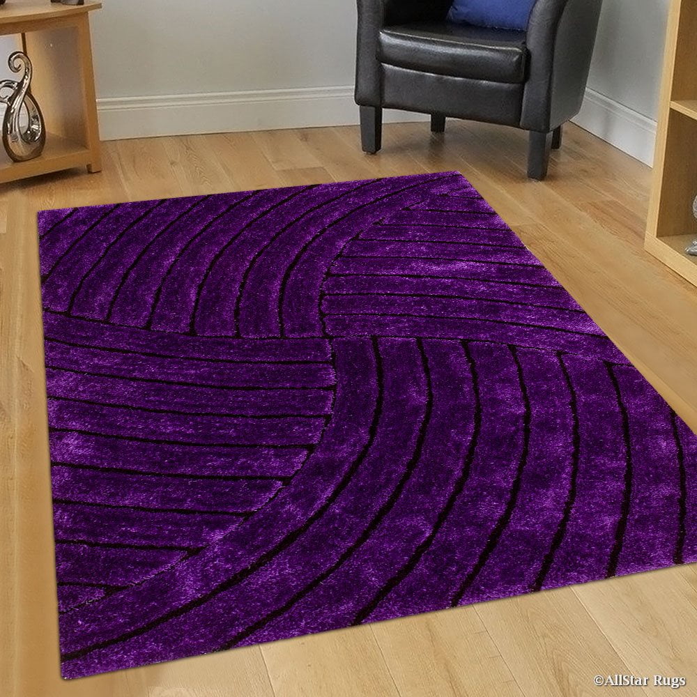 Allstar Purple Shaggy Area Rug with 3D Design with Lines. Contemporary