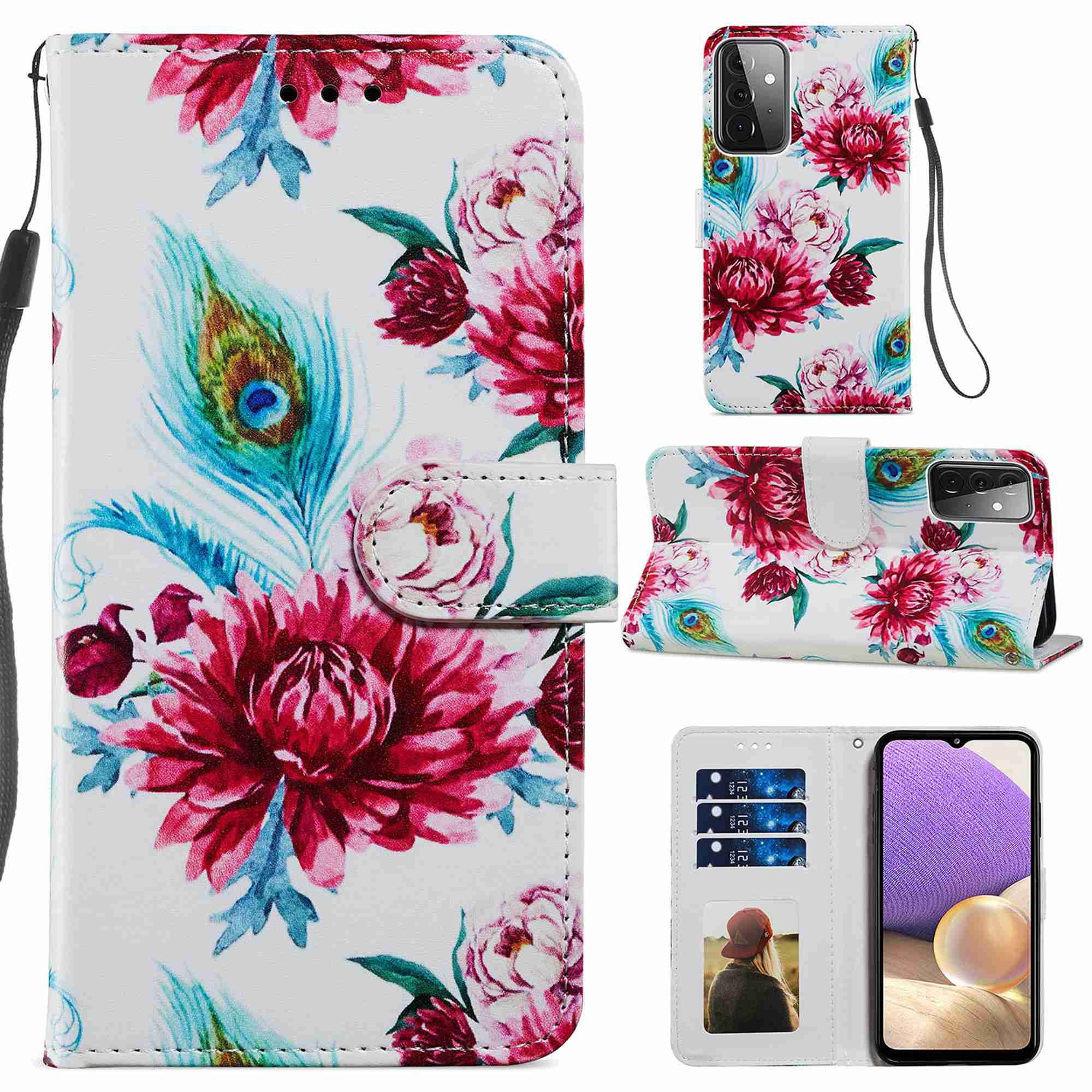 Galaxy A72 Wallet Case Dteck Premium PU Leather Flip Protective Case Cover with Card Holder and Stand for Samsung Galaxy A72 5G 4G (Peacock Flower)