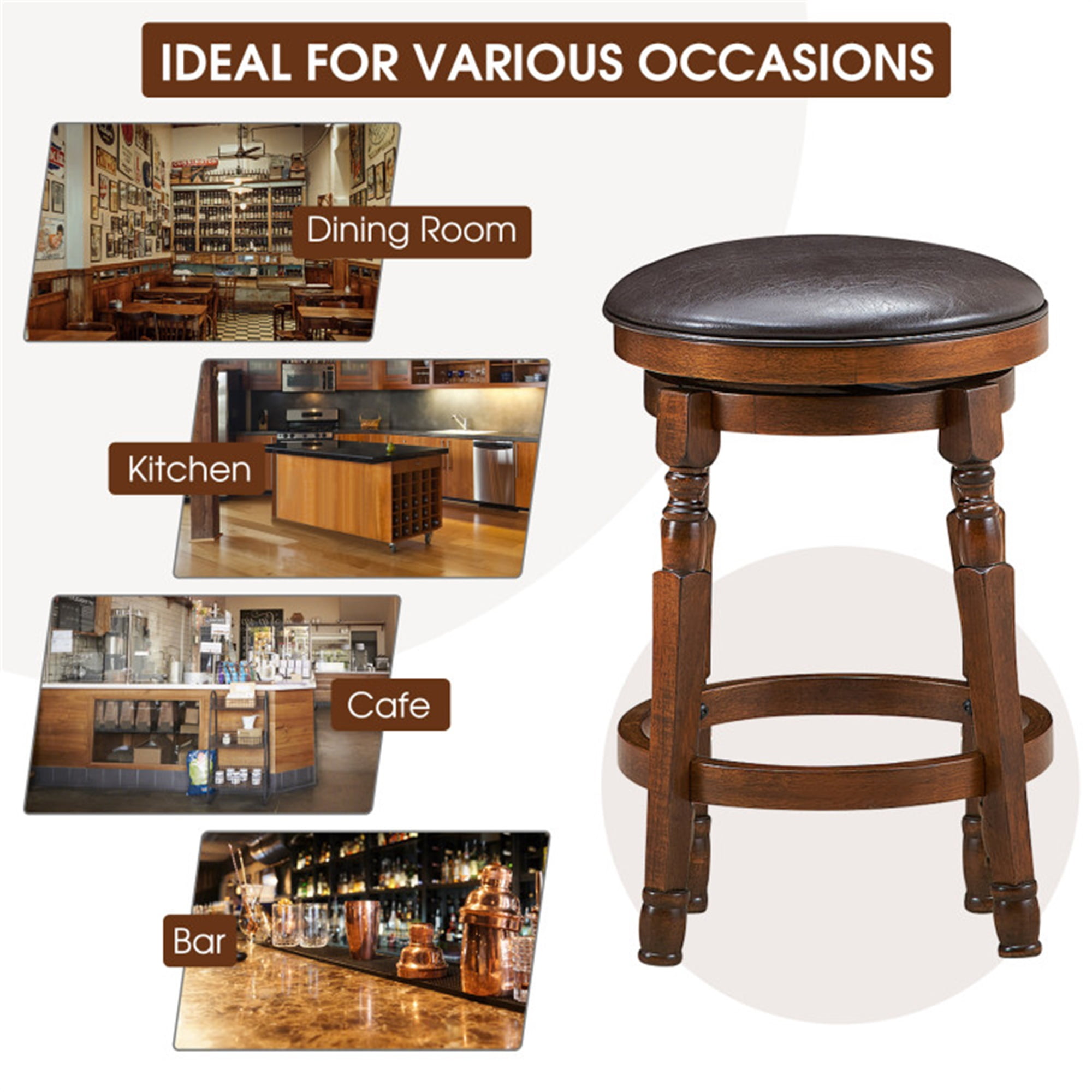 Demi Bonn 24" Set of 2 Swivel Leather Padded Bar Stools,door Modern Wood Dining Chair, Brown