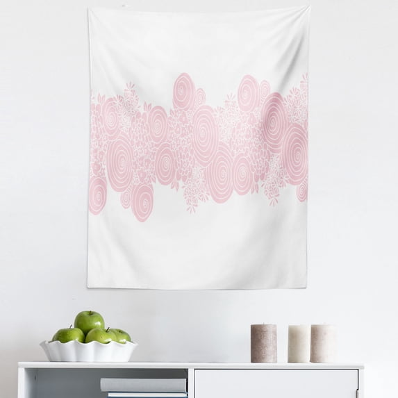 Pastel Tapestry, Spring Themed Whirlpool Swirling Circles and Flower Bouquets Romantic Art, Fabric Wall Hanging Decor for Bedroom Living Room Dorm, 5 Sizes, Pale Pink and White, by Ambesonne