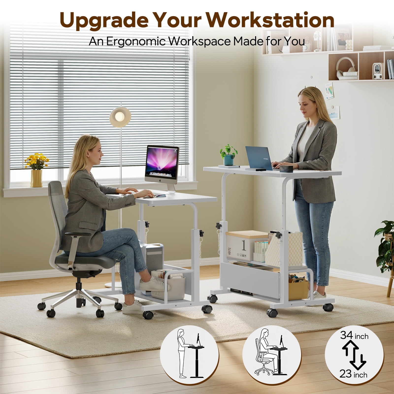 edx Height Adjustable Desk Standing Desk Small Desk for Small Spaces, Mobile Rolling Computer Desk on Wheels, Portable Desks Study Table for Home Office,White