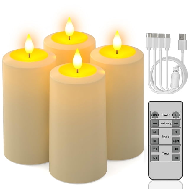PChero Rechargeable Flameless Candles with Remote Timer, 4PCS 6.1" x 2.7" Outdoor Waterproof Battery Operated LED Flickering Electric Fake Pilla