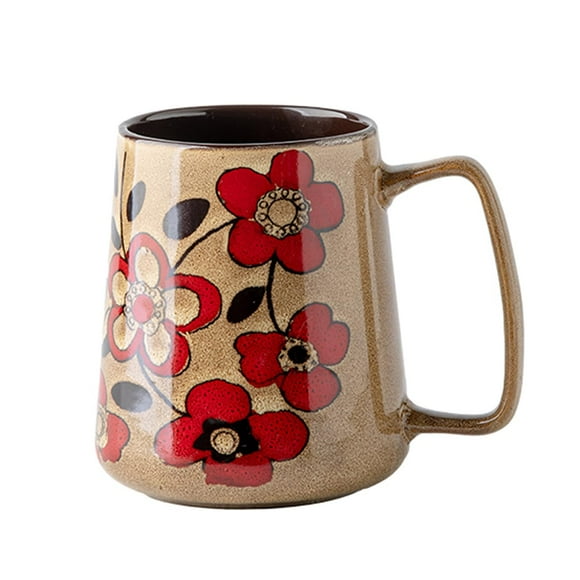 Large 24 oz Ceramic Coffee Mug with Handle, Vintage Floral Coffee Cup, Extra Big Tea Cup for Office and Home, Dishwasher and Microwave Safe, Khaki with Red Flower