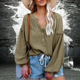 thumbnail image 2 of Women V Neck Balloon Sleeve Shirt, Single Breasted Loose Casual Cotton Lantern Long Sleeve Women Pullover Top Comfortable For Work, 2 of 6