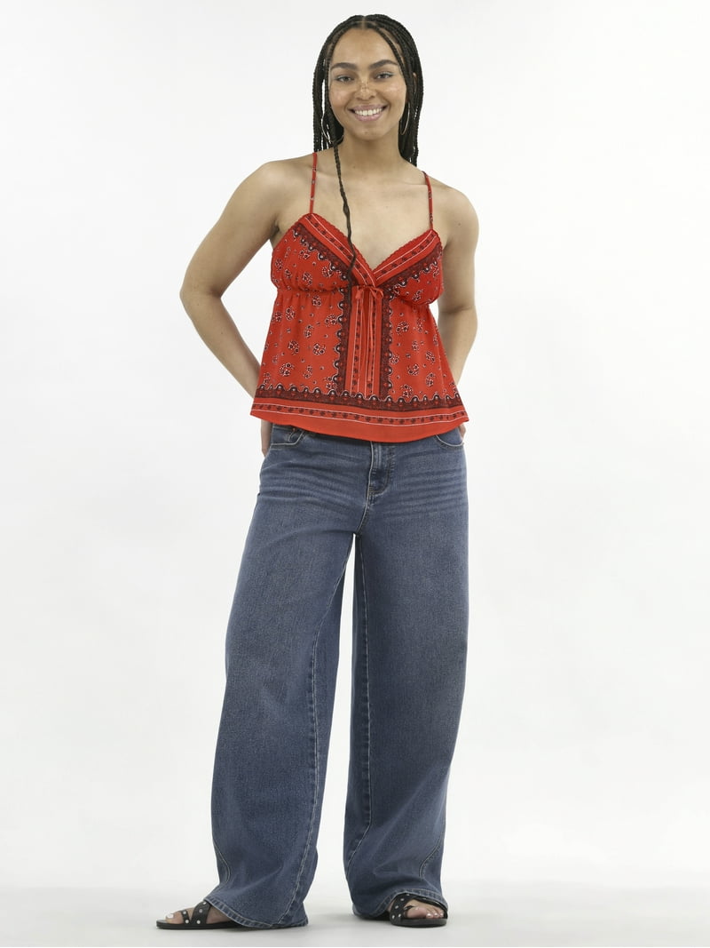 No Boundaries Women's Bra Cup Tank Top with Crocheted V-Neck