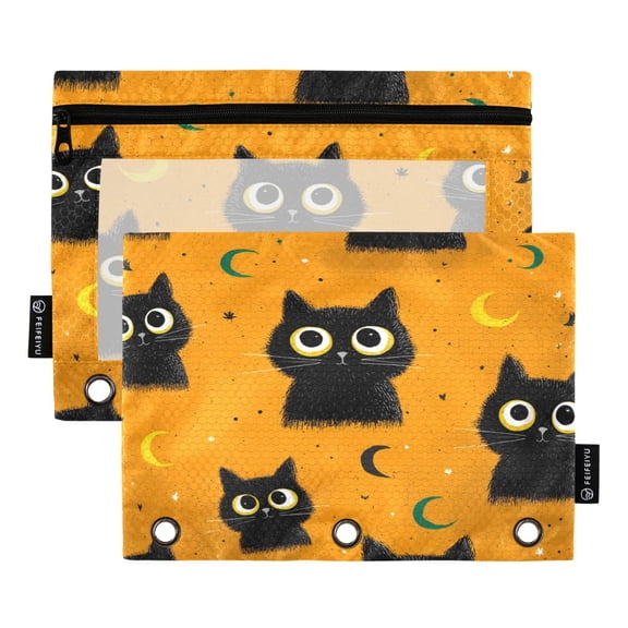 2 Pack 3 Ring Binder Pouch with Clear PVC Window Water Resistant Zipper Pencil Pouch Repeating Pattern Of Big-eyed Cat Binder Pocket for Classroom Office Home Stationery Organization