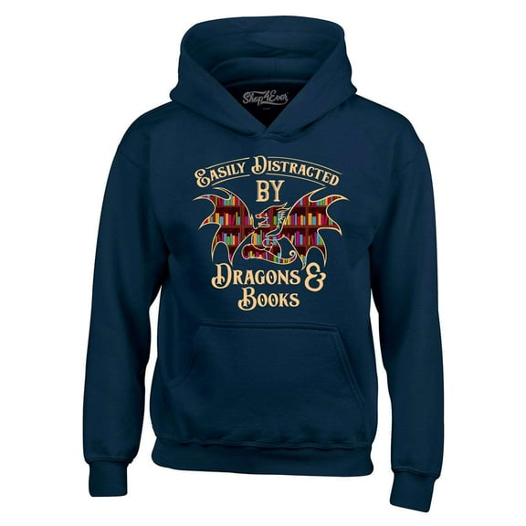 Shop4Ever Men's Easily Distracted by Dragons and Books Hooded Sweatshirt Hoodie Small Navy