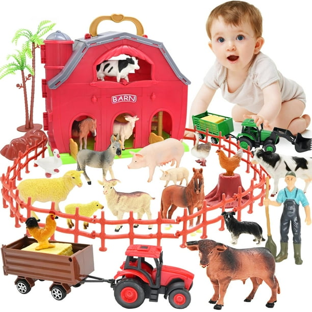 Animales de granja Toy Big Red Barn con tractor para niños pequeños BOLZRA