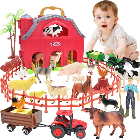 Animales de granja Toy Big Red Barn con tractor para niños pequeños BOLZRA